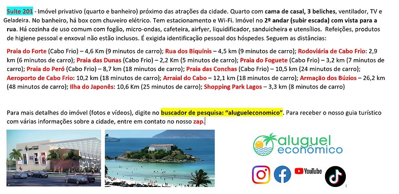 Alojamiento Céntrico - Suite 201 - Cabo Frio - Alquiler Econ