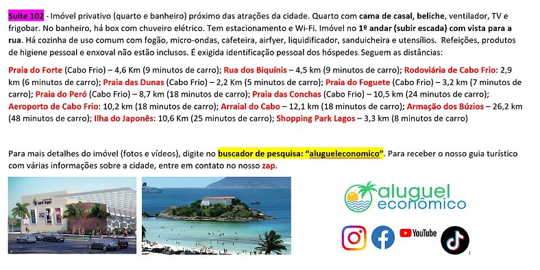 Hospedagem Central - Suíte 102 - Cabo Frio - Aluguel Econômi