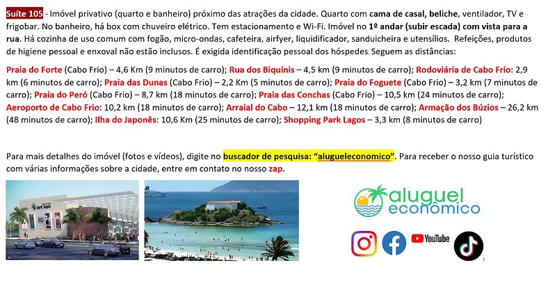 Hospedagem Central - Suíte 105 - Cabo Frio - Aluguel Econômi