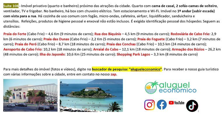 Hospedagem Central - Suíte 108 - Cabo Frio - Aluguel Econômi