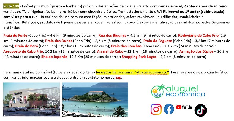 Hospedagem Central - Suíte 108 - Cabo Frio - Aluguel Econômi